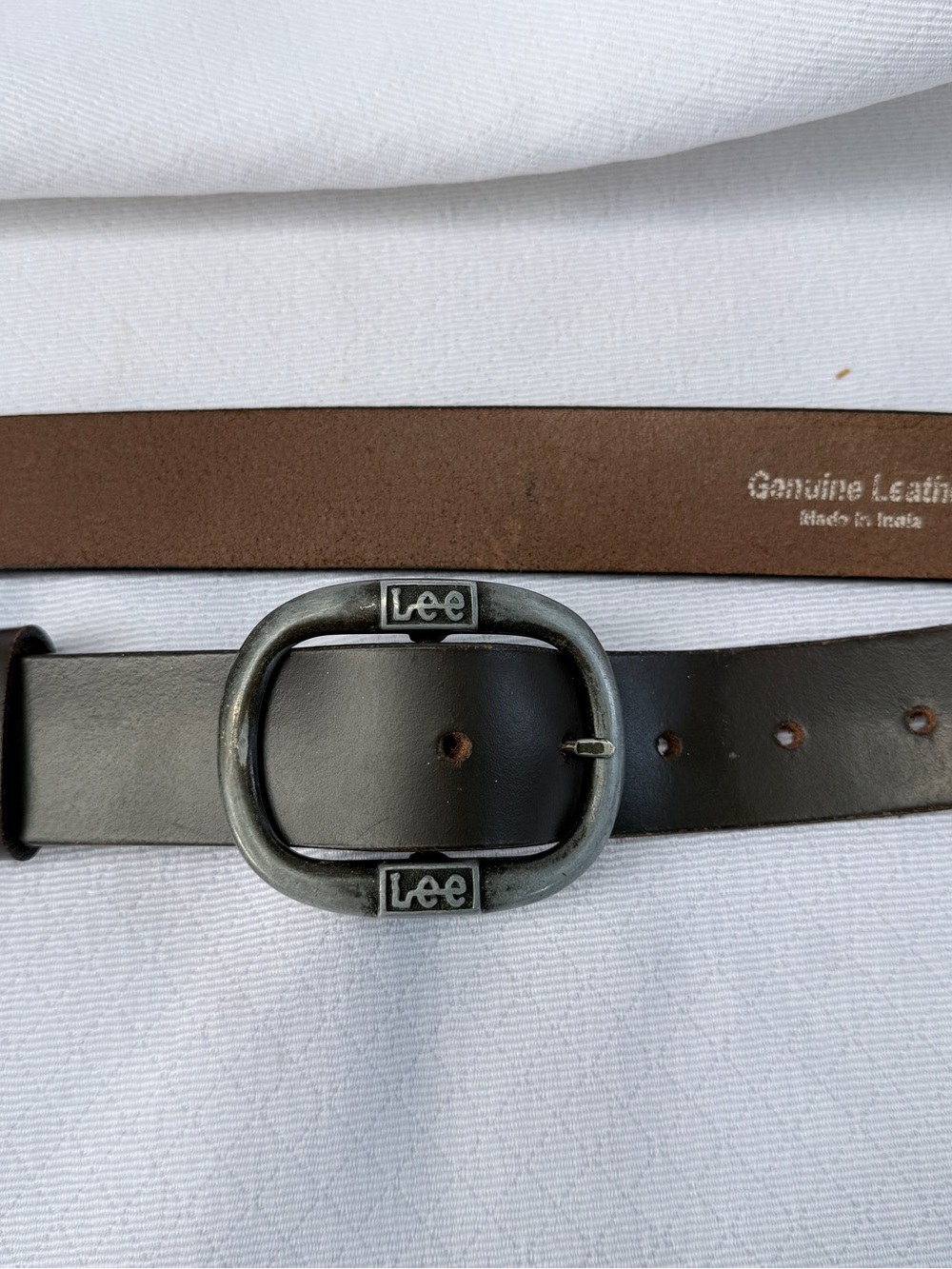 Lee Men's Black Leather Belt with Oval Brushed Silver Buckle fits waist 41”-49”